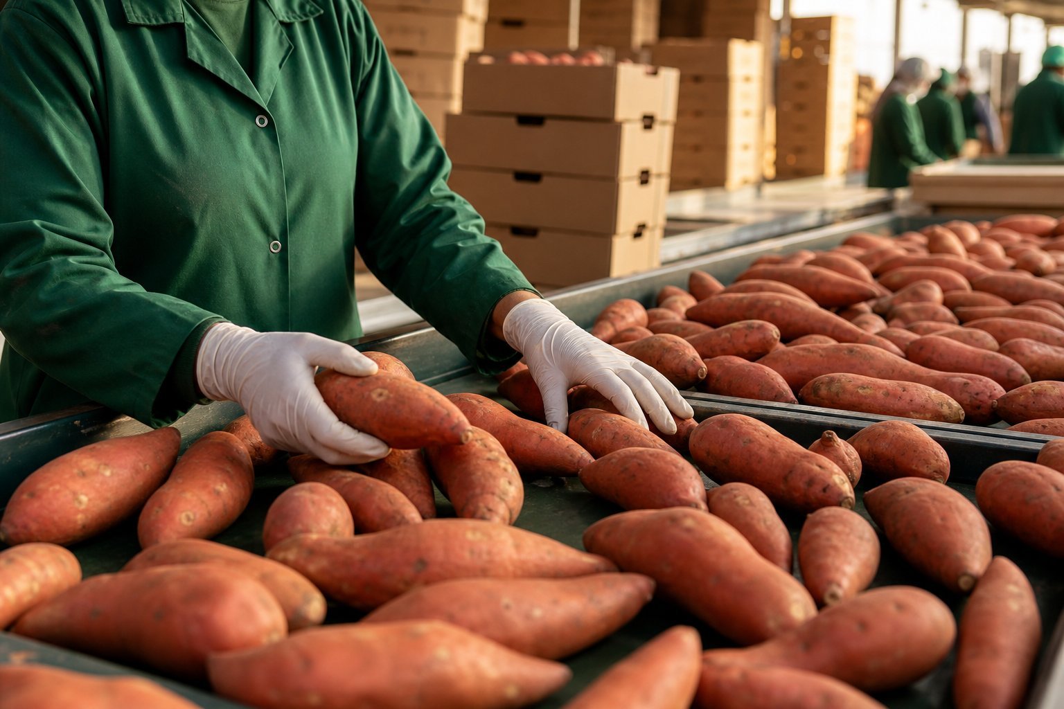 Egyptian sweet potatoes being selected and packed